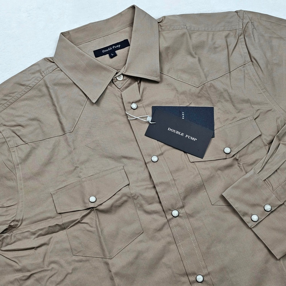 NEW Double Pump Western Shirt Mens L Khaki Pearl Snap Long Sleeve Cowboy Rodeo